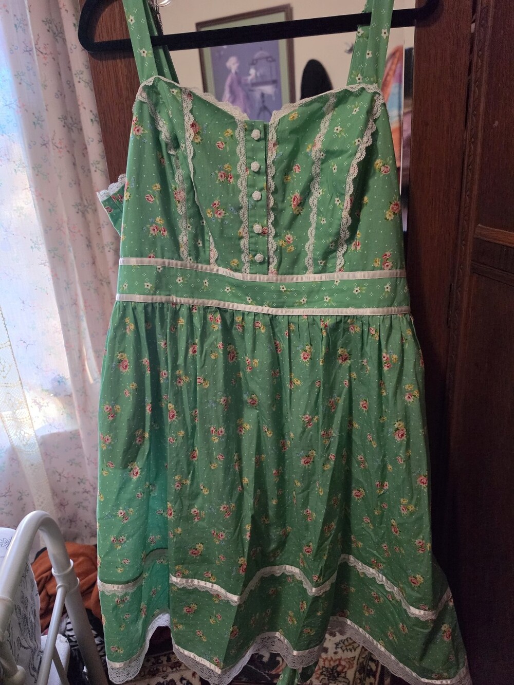 Gunne Sax Green Floral Sundress with White Lace Trim